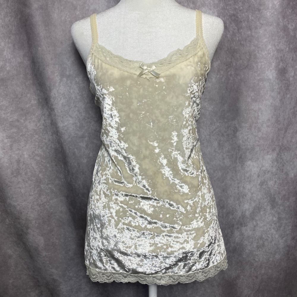 Vintage Y2K Faded Glory Crushed Velvet Lace Trim Cami Winter White XL NWT
